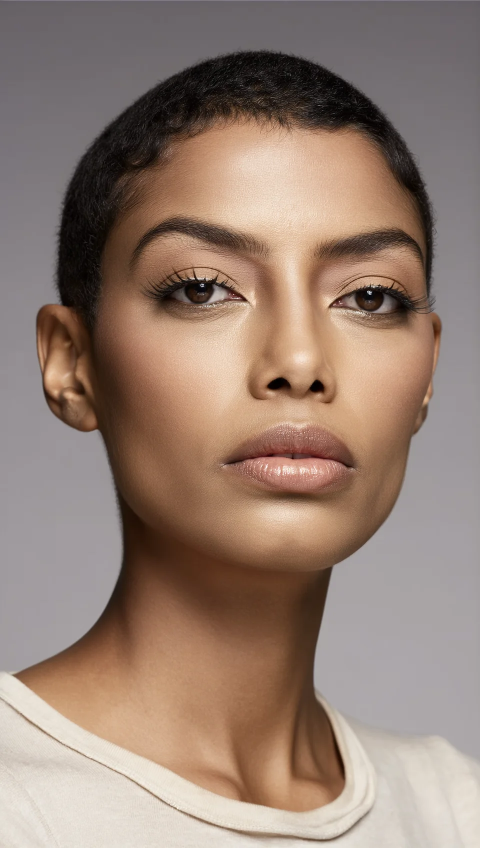 Consistency example — left angle portrait: close-up of a woman with a cropped natural hairstyle, defined brows, warm skin tone, and a neutral grey shirt