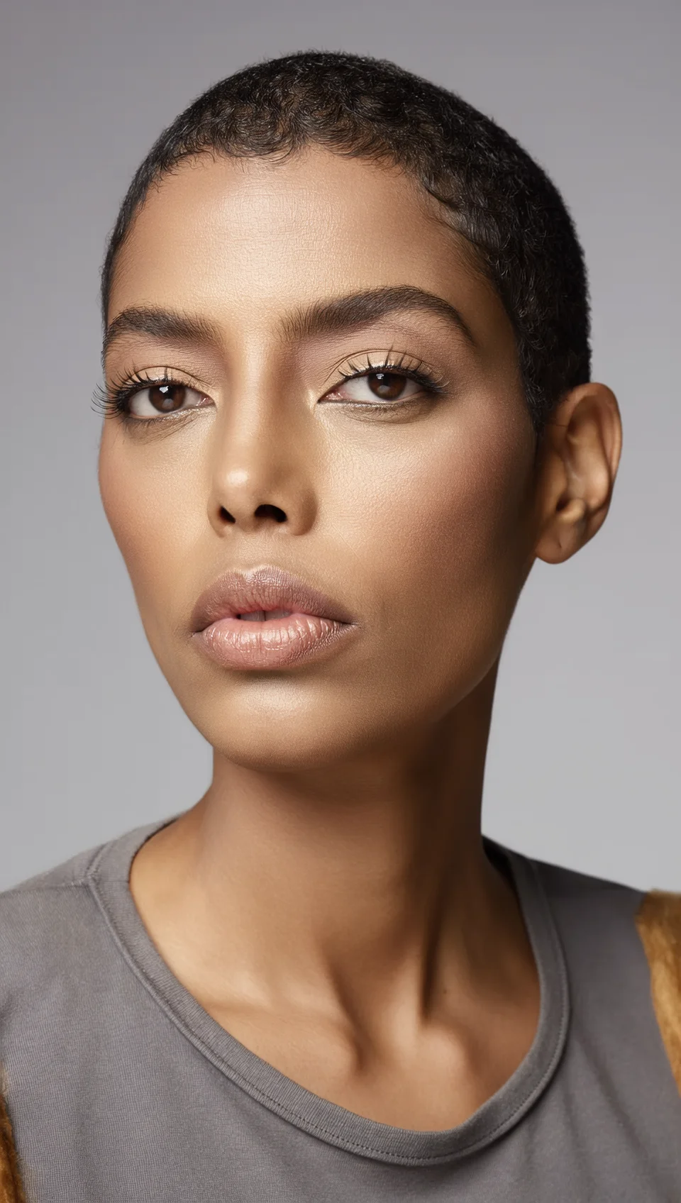 Consistency example — right angle portrait: the same character from a slightly different angle in a cream top, showing identical bone structure, skin tone, and facial identity