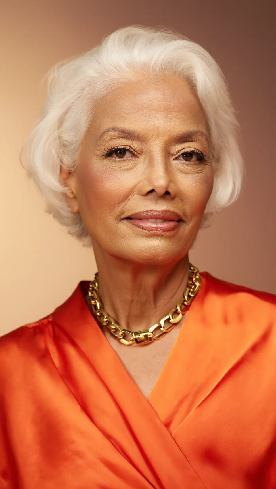 Legacy era: character depicted as an elegant older woman with short white hair, a gold chain necklace, and an orange silk wrap against a warm cream background — timeless and regal