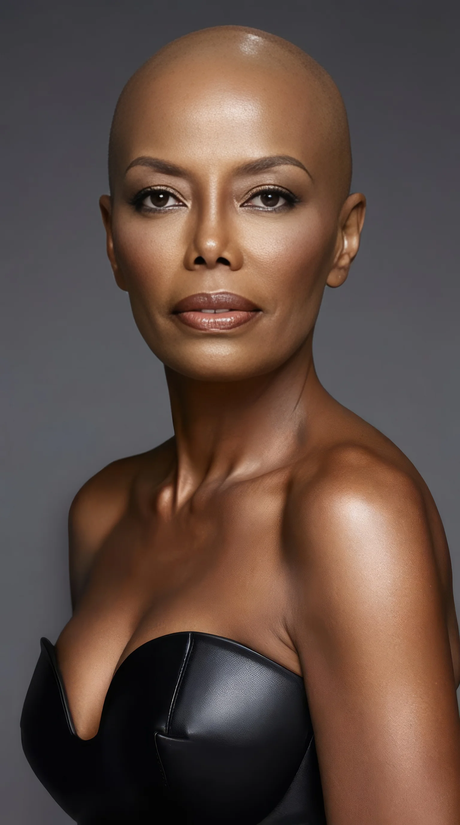 Present era: character depicted as a bold, commanding woman with a shaved head, prominent cheekbones, and a black structured leather corset against a neutral grey studio background