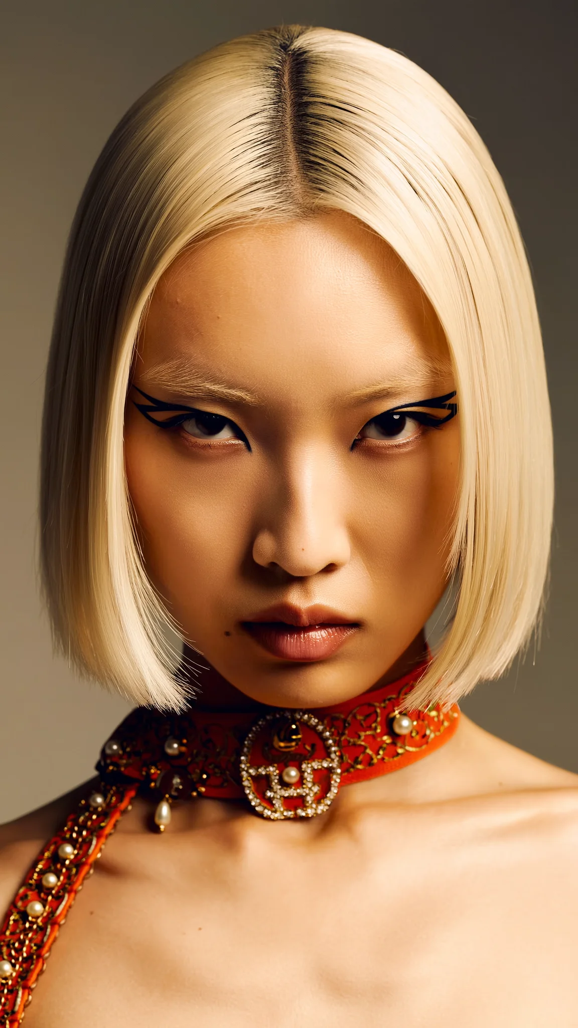Blonde editorial character: AI-generated Asian woman with a sharp platinum blonde bob, winged eyeliner, and an ornate red beaded collar — intense high-fashion gaze