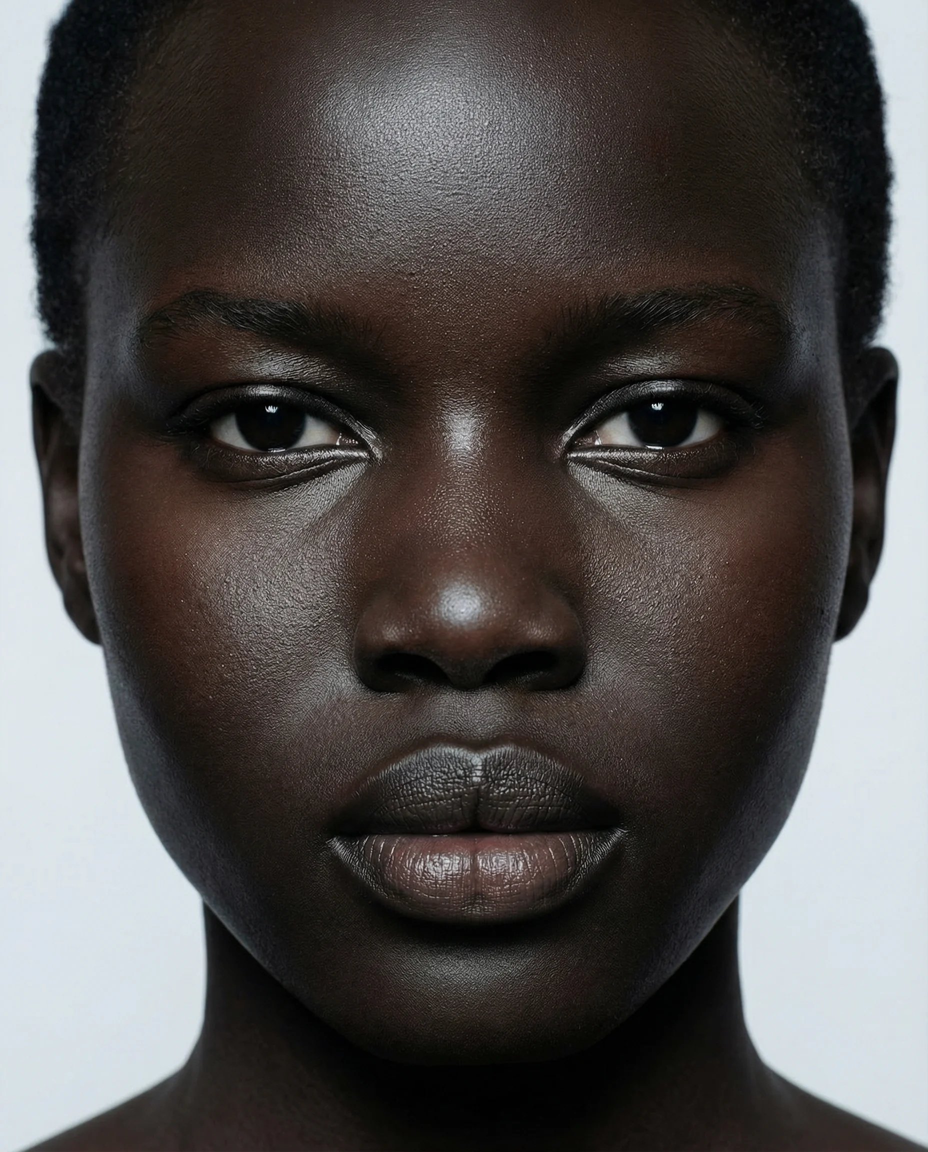 AI-generated close-up beauty portrait: dark-skin woman with intense direct gaze, sharp cheekbones, and bare shoulders — high-contrast editorial lighting