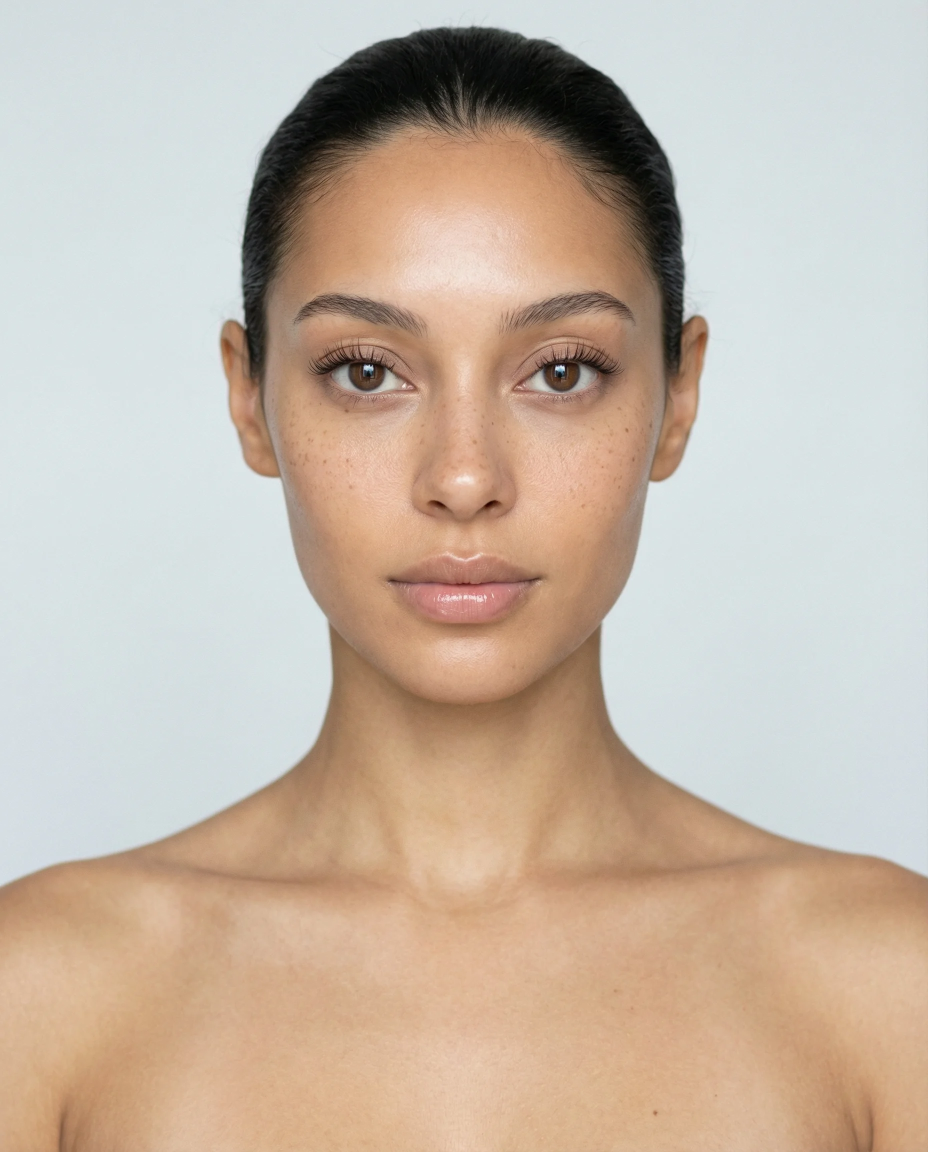Before Character Director: natural, undirected AI portrait of a woman with minimal makeup, clean facial features, and a neutral white background — shows what a generic AI image prompt produces