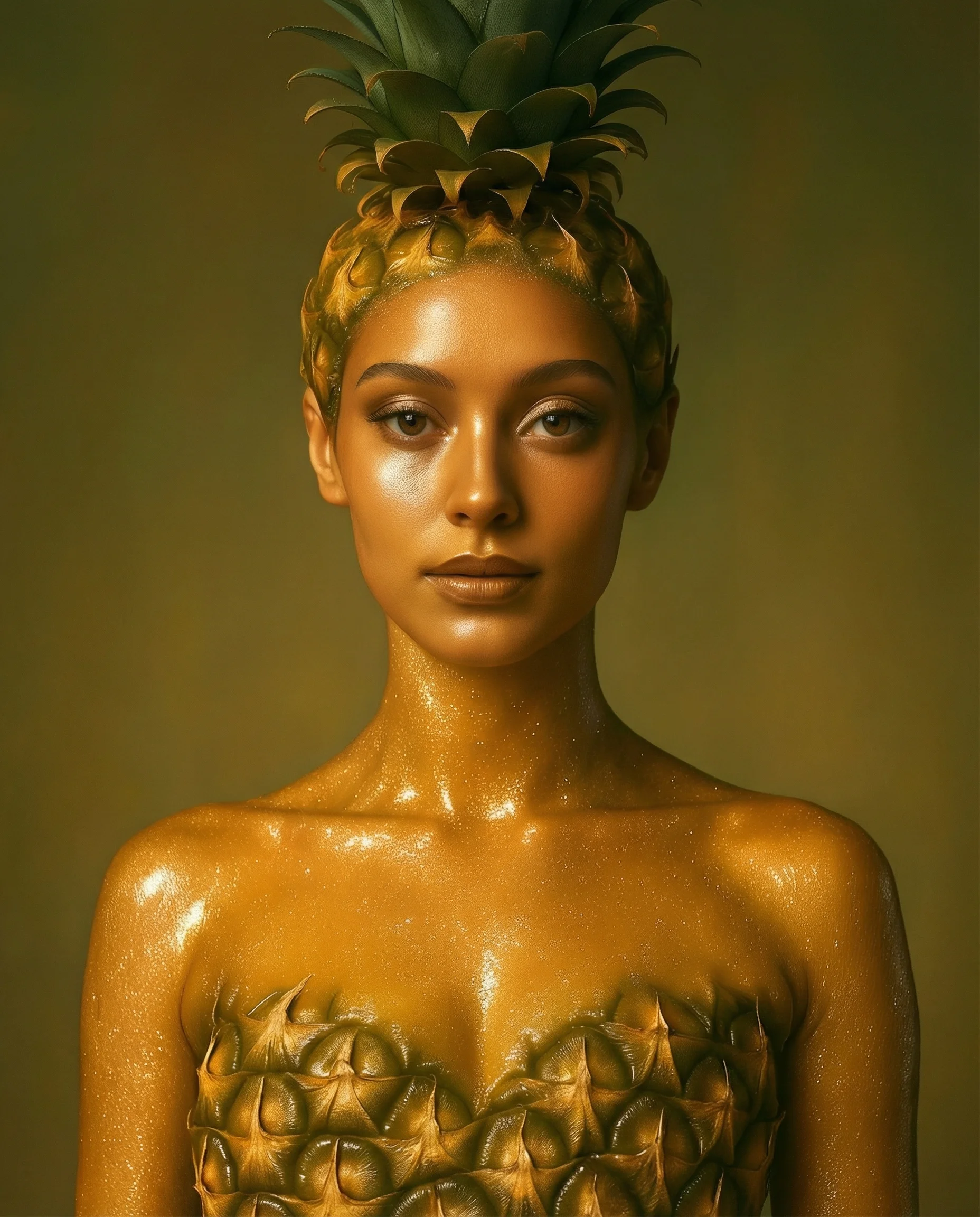 After Character Director: the same woman transformed into a fully directed cinematic character — golden skin, pineapple crown headpiece, and textured pineapple-leaf bodice against a dark olive background